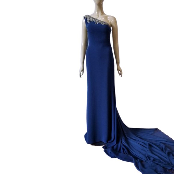 TARIK EDIZ 92757 One-Shoulder Embellished Evening Gown w/Sweeping Train Blue - Picture 1 of 13